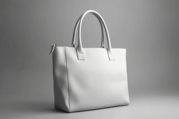 Elegante borsa mockup bianca in mostra su uno sfondo grigio neutro