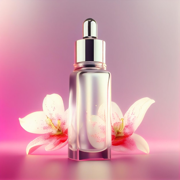 Elegante bottiglia di profumo in vetro rosa con Giglio in fiore Illustrazione AI generativa