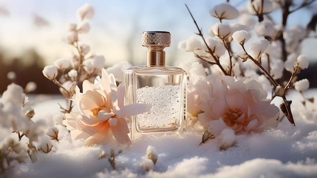 elegante bottiglia di profumo su sfondo di neve con fiocchi di neve e fiori