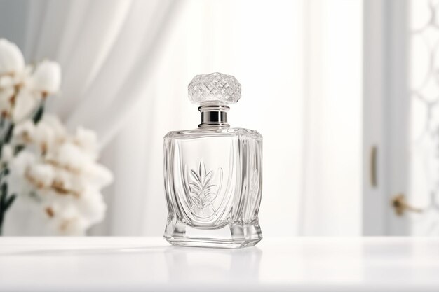 Elegante bottiglia di profumo su uno sfondo leggero e arioso con fiori morbidi