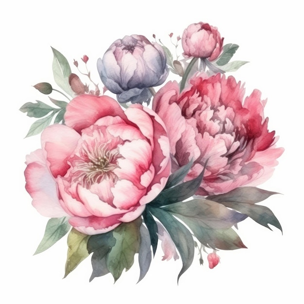 Elegante bouquet di fiori di peonia acquerello Illustration AI GenerativexA