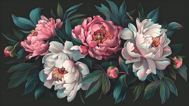 Elegante bouquet di peonia su sfondo scuro Ideale per carta da parati o tessuto Disegno florale artistico e romantico con Copy Space AI