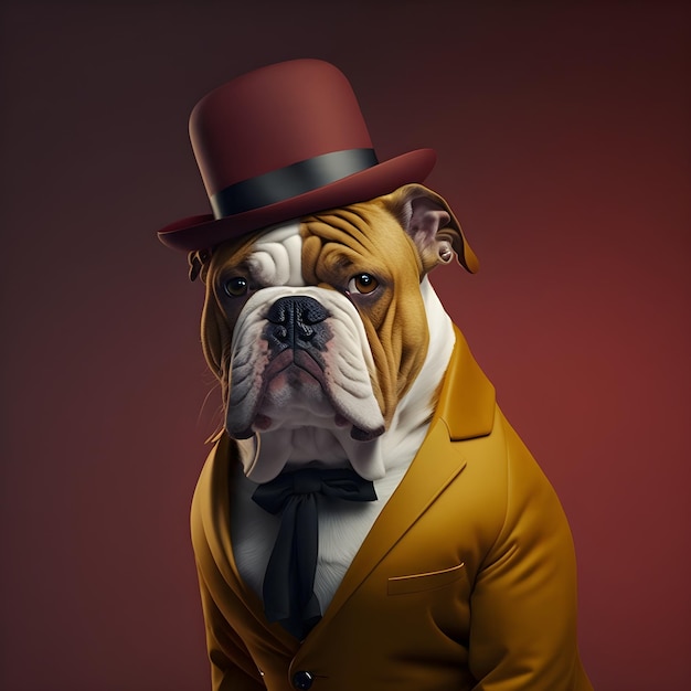 Elegante bulldog in cappello rosso e ritratto in studio costume