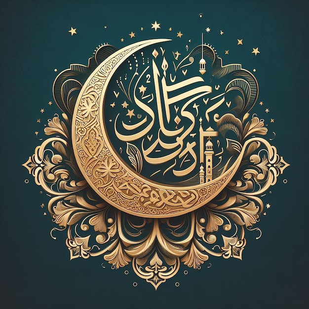 Elegante calligrafia araba che mostra i saluti del Ramadan su uno sfondo decorativo
