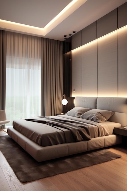 Elegante camera da letto dal design minimalista e luci soffuse create con l'IA generativa