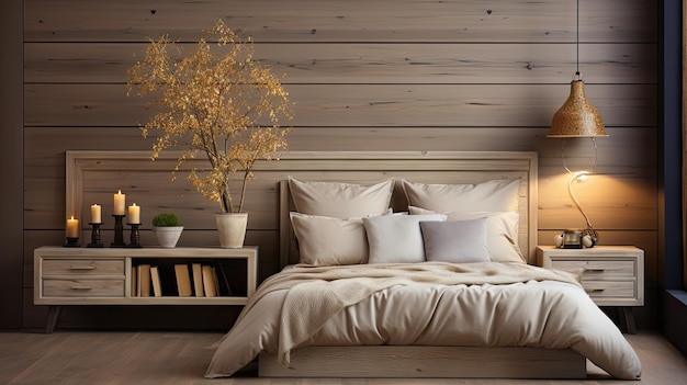 Elegante camera da letto Dettagli francese Provinciale comodino contro parete a pannello di legno Metti un accento