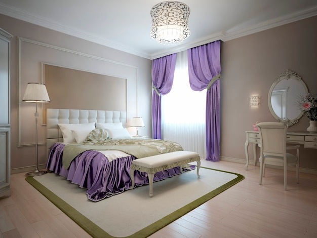 Elegante camera da letto in stile classico nei colori beige con decorazioni viola e oliva