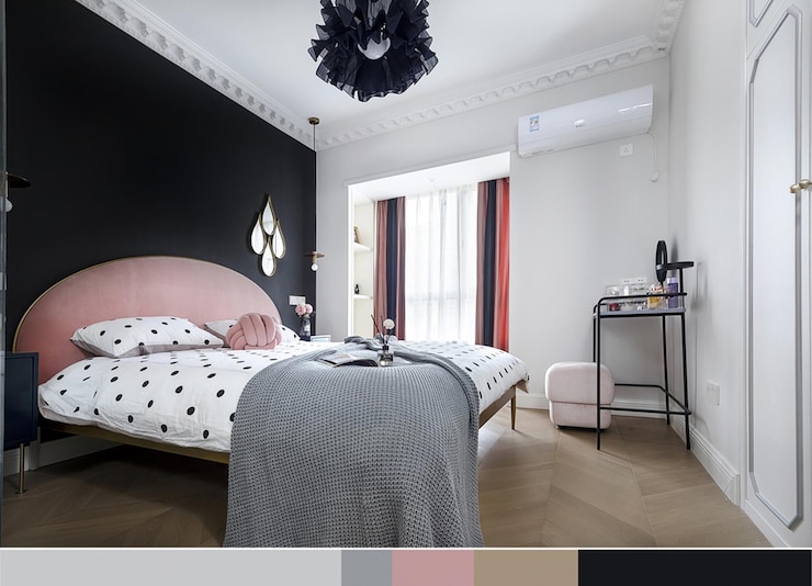 Foto elegante camera da letto moderna nera e rosa