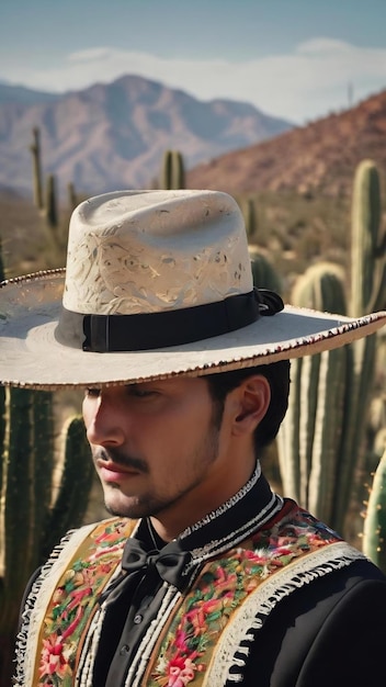 Elegante cappello tradizionale charro con sfondo di nopale e cactus