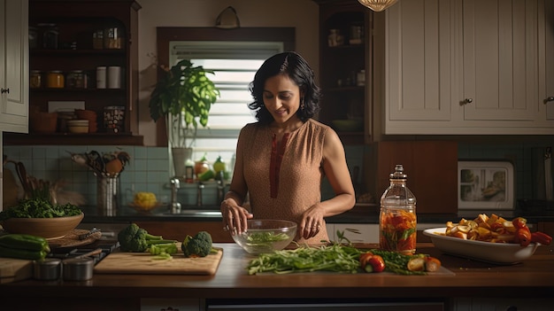 Elegante casalinga indiana sudasiatica in cucina pulita grazia domestica e maestria culinaria