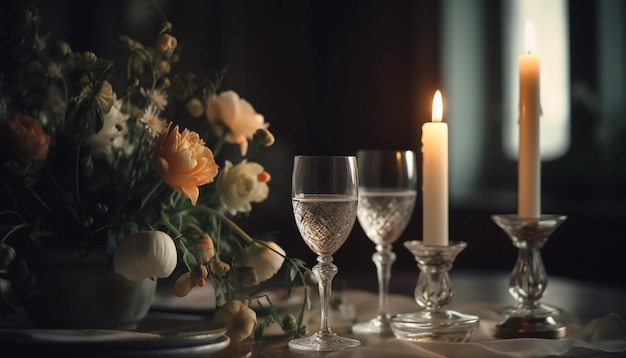 Elegante celebrazione del matrimonio a lume di candela con champagne e fiori romantici generati dall'intelligenza artificiale