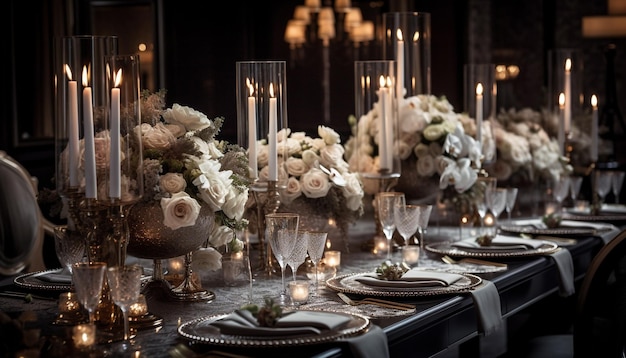 Elegante celebrazione del matrimonio con tavolo da banchetto a lume di candela generato da AI