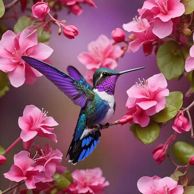 Elegante colibrì a sabbia viola in mezzo a fiori rosa