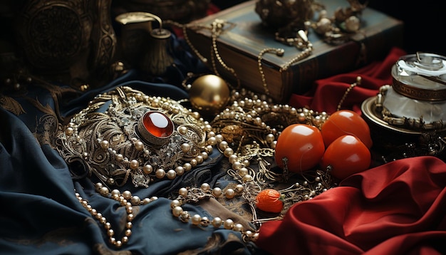 Elegante collana d'oro lucido ornata da un'antica collezione di perle fatte in casa generata dall'intelligenza artificiale