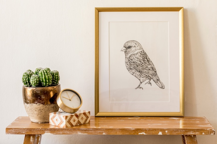 Foto elegante composizione dell'interno del soggiorno con cornice dorata, panca in legno, orologio d'oro, scatole, cactus, parete bianca ed eleganti accessori personali nell'arredamento moderno della casa.