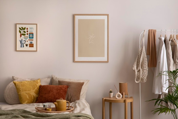 Elegante composizione di accogliente camera da letto con finta biancheria da letto beige e tavolino in legno Mock up poster con cornice in legno Modello di arredamento per la casa