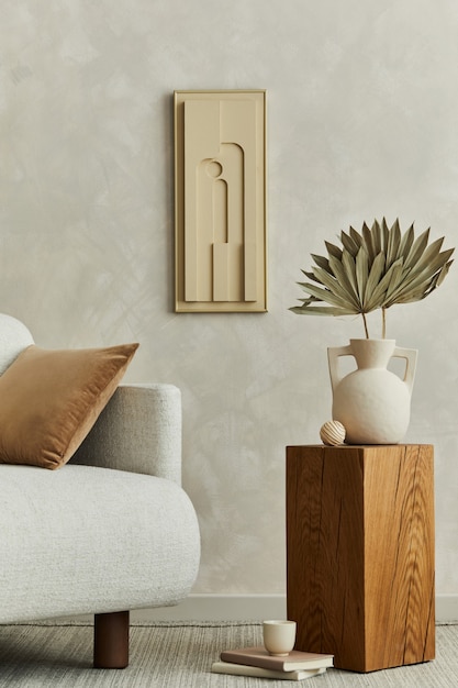 Elegante composizione di interni moderni e accoglienti del soggiorno con pittura della struttura, poltrona beige, cubo di legno e accessori personali. Parete creativa neutra, moquette sul pavimento in parquet. Modello.