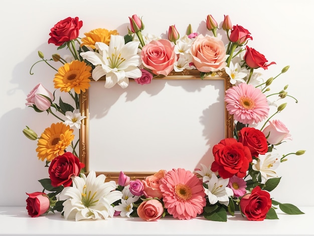 Elegante composizione floreale Cornice di gigli di rosa e fiori di gerbera su sfondo bianco