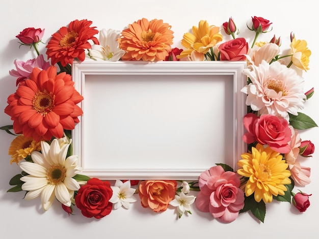 Elegante composizione floreale Cornice di gigli di rosa e fiori di gerbera su sfondo bianco