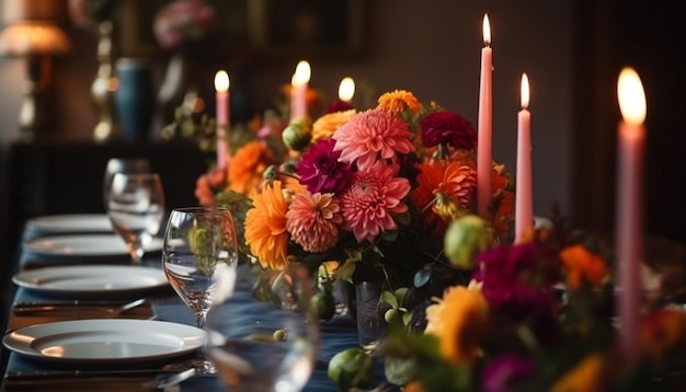 Elegante composizione floreale sul centrotavola del tavolo da pranzo generata da AI