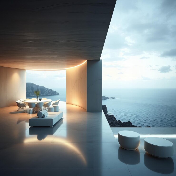 Elegante con sala da pranzo in cemento futuristica con vista sull'oceano