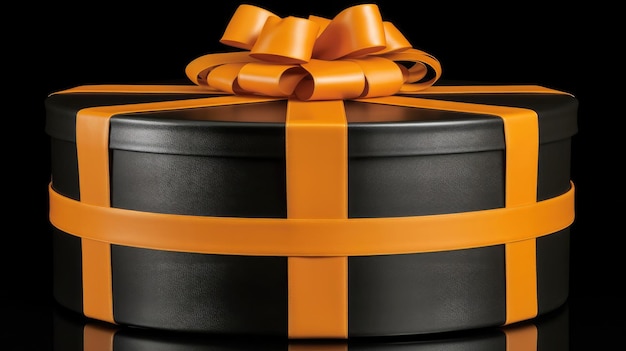 Elegante confezione regalo nera con fiocco arancione su sfondo nero