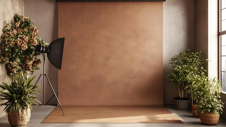 Elegante configurazione di studio fotografico con uno sfondo marrone morbido piante in vaso e luce naturale da grandi