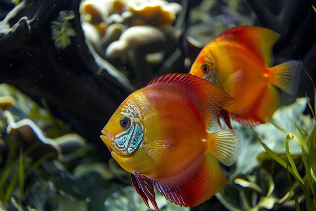 Elegante coppia di pesci discus nel paesaggio acquatico