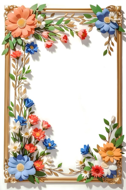 Elegante cornice per foto con decorazioni floreali Illustrazione 3D su sfondo bianco