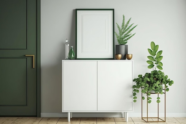 Elegante credenza con manifesti illustrati vuoti piante ornamentali e altri oggetti