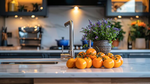 Elegante cucina moderna con pomodori freschi e vaso da fiori rustico su bancone lucido