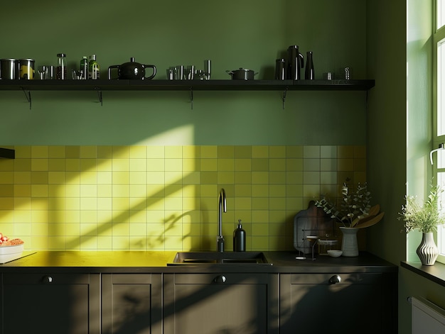 Elegante cucina nera contemporanea con piastrelle verdi sopra i banconi