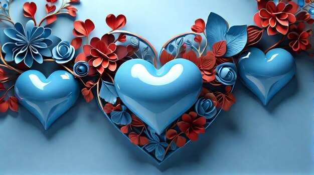 Elegante cuore di colore blu 3D su splendida opera d'arte sfondo concetto di carta da parati per il giorno di San Valentino