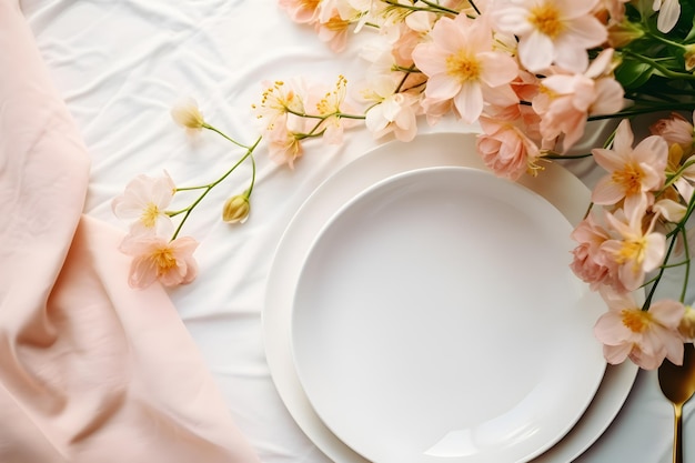 Elegante decorazione nuziale vista dall'alto di una tavola raffinata con fiori su una tovaglia bianca crema