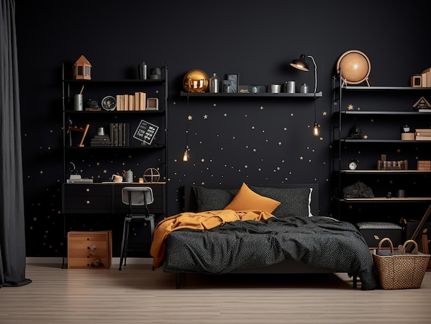 Elegante design a tema nero per un'elegante cameretta per bambini AI Generation