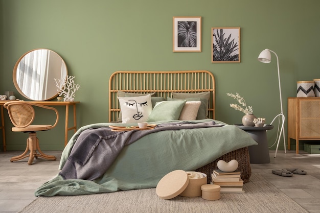 Elegante design degli interni della camera da letto con cornici per poster mock up comodino in rattan tavolo da toeletta e accessori per la casa creativi Parete verde salvia Copia modello spacexA