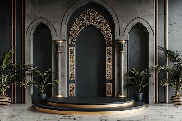 Elegante design di arco islamico con un podio per l'esposizione dei prodotti