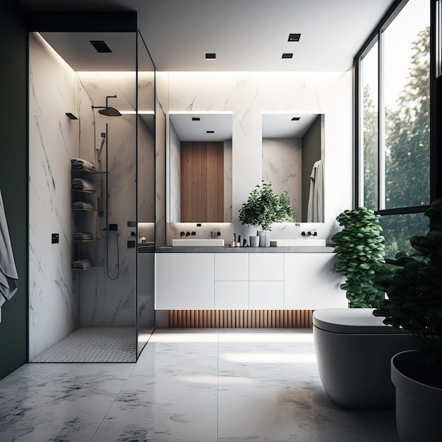 Elegante design minimalista degli interni del bagno Asciugamani da bagno e altri accessori da bagno personali