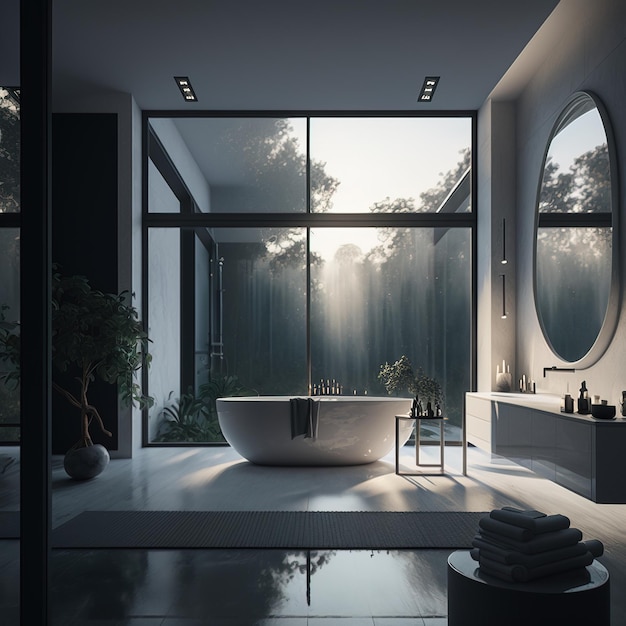 Elegante design minimalista degli interni del bagno Asciugamani da bagno e altri accessori da bagno personali