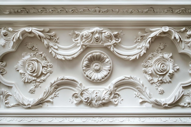 Elegante dettaglio in rilievo in stucco sul classico design del soffitto