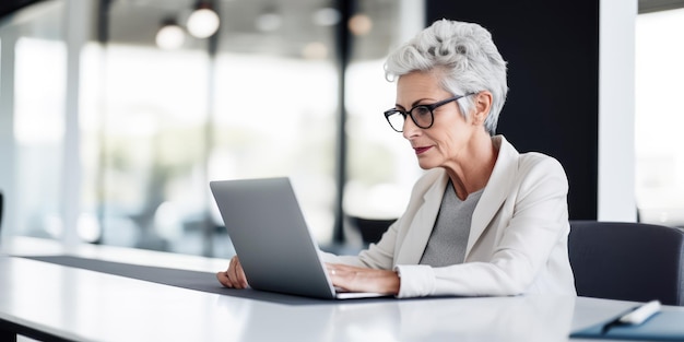 Elegante dirigente femminile che lavora al portatile in un elegante ufficio concetto di leadership AI generativa