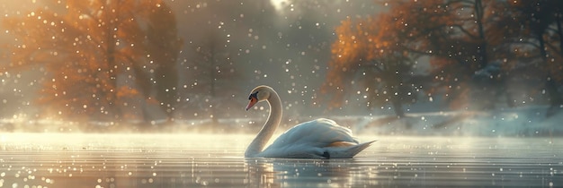 Elegante disegno di cigno su uno sfondo sereno del lago fotografia professionale e luce