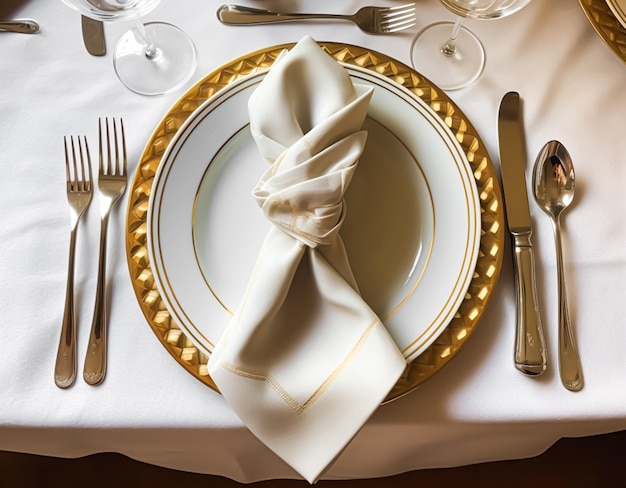 Elegante disposizione della tavola da pranzo in stile country inglese come tavolo piatto paesaggio piegato tovagliolo su un piatto da servire stoviglie e decorazione della tavola per le vacanze generativo ai