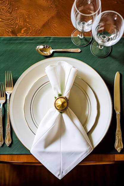 Elegante disposizione della tavola da pranzo in stile country inglese come tovagliolo piegato da tavola flatlay su un piatto da portata stoviglie e decorazioni da tavola per le vacanze generative ai