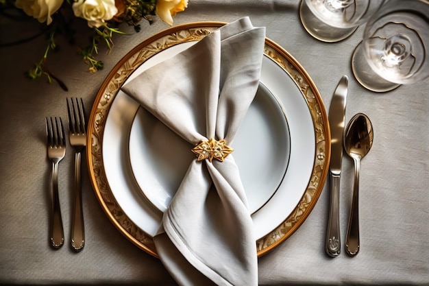 Elegante disposizione della tavola da pranzo in stile country inglese come tovagliolo piegato da tavola flatlay su un piatto da portata stoviglie e decorazioni da tavola per le vacanze generative ai