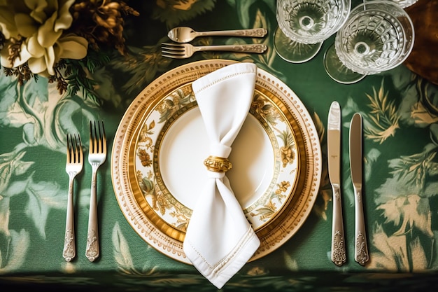 Elegante disposizione della tavola da pranzo in stile country inglese come tovagliolo piegato da tavola flatlay su un piatto da portata stoviglie e decorazioni da tavola per le vacanze generative ai