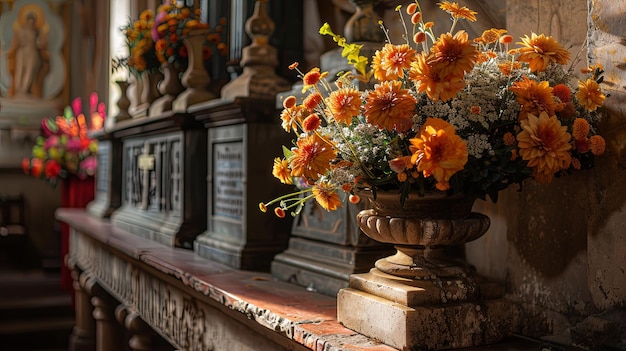 Elegante disposizione floreale in un'antica chiesa