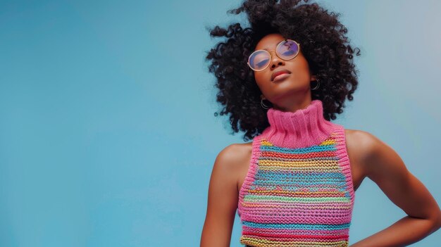 Elegante donna afro in maglieria colorata che posa con fiducia