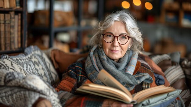 Elegante donna anziana con gli occhiali avvolti in una sciarpa accogliente che legge un libro in un caldo e invitante libero di casa