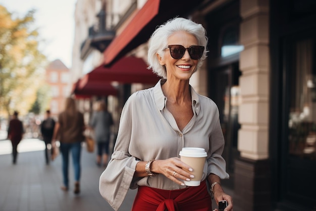 Elegante donna anziana durante la sua pausa caffè